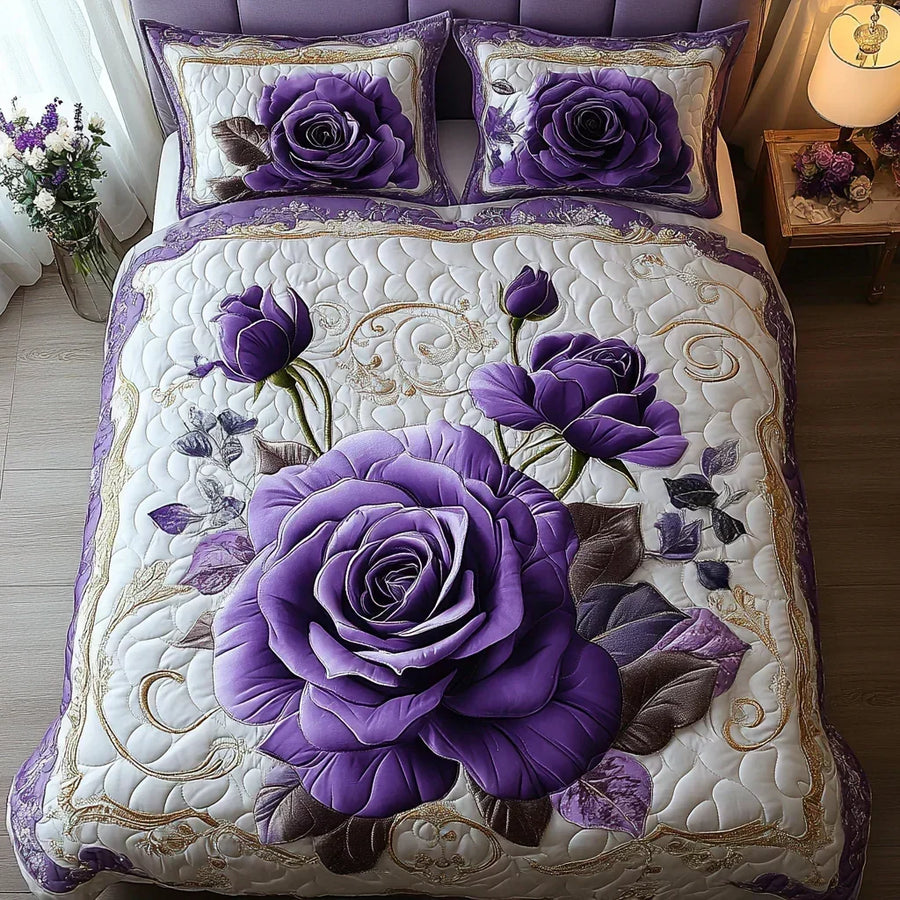 Purple Rose 3-Piece Quilted Bedding Set