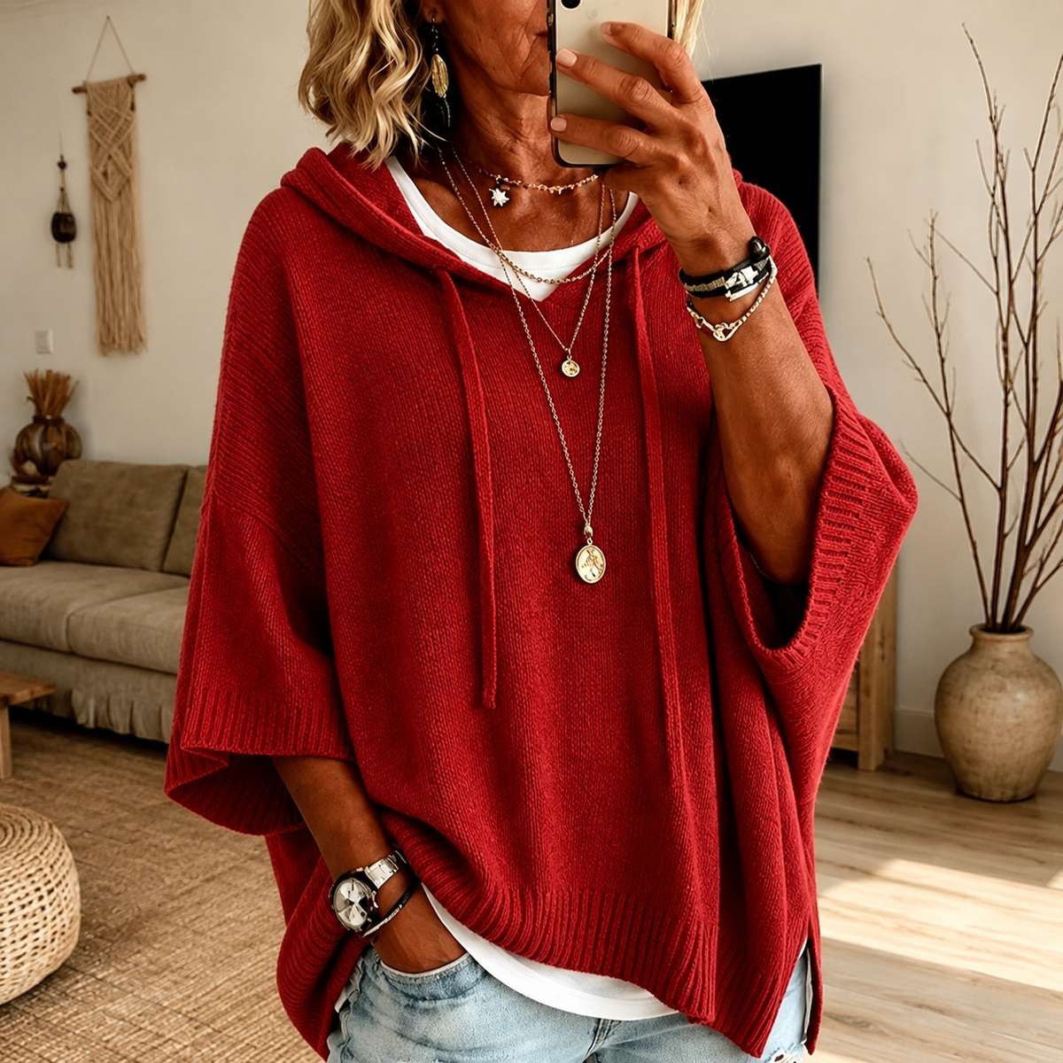 Christine Red Hooded Poncho