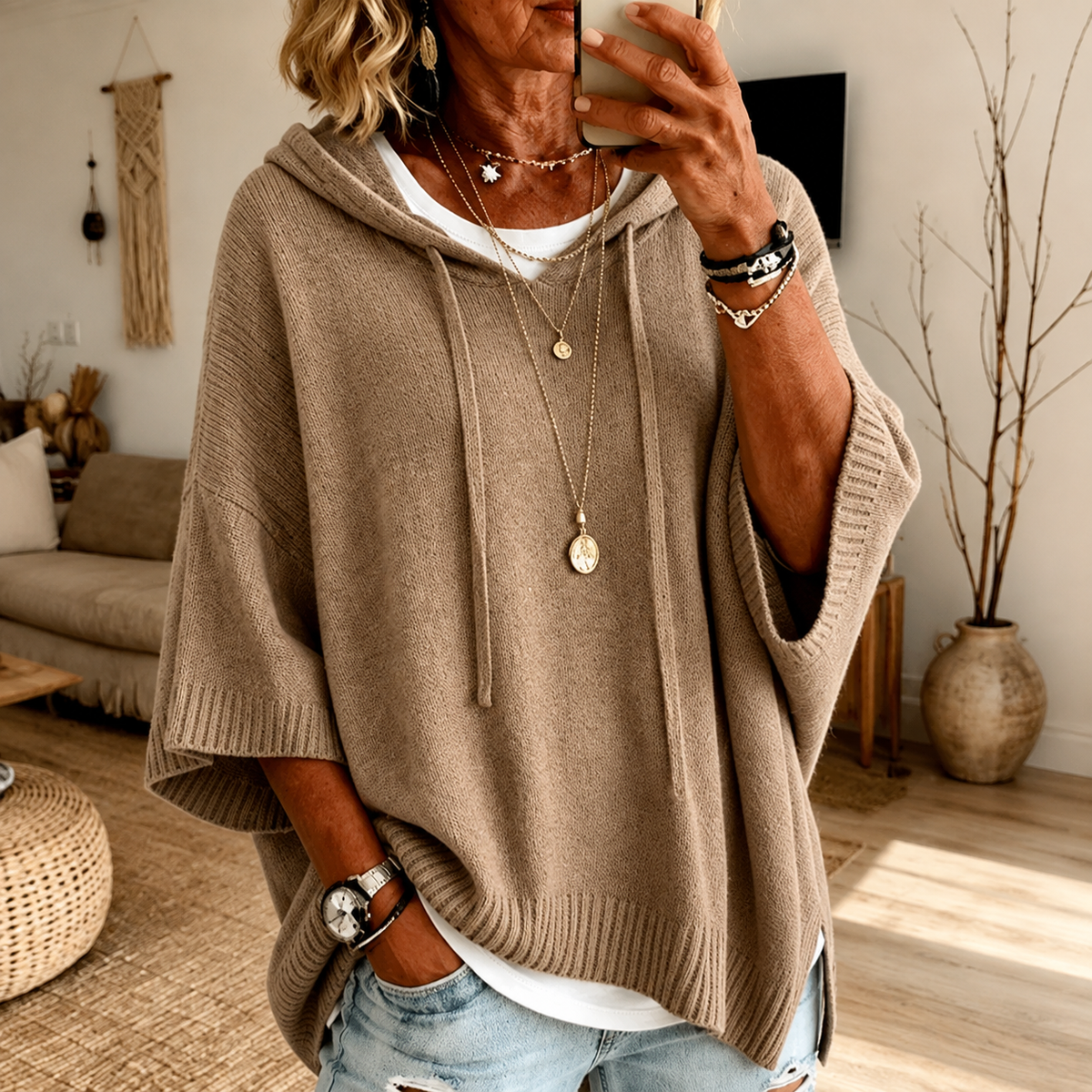 Helen Taupe Hooded Poncho