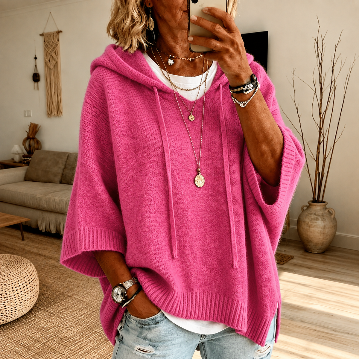 Sally Pink Hooded Poncho