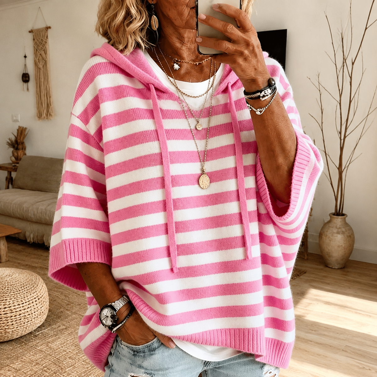 Yvonne Pink Stripe Hooded Poncho