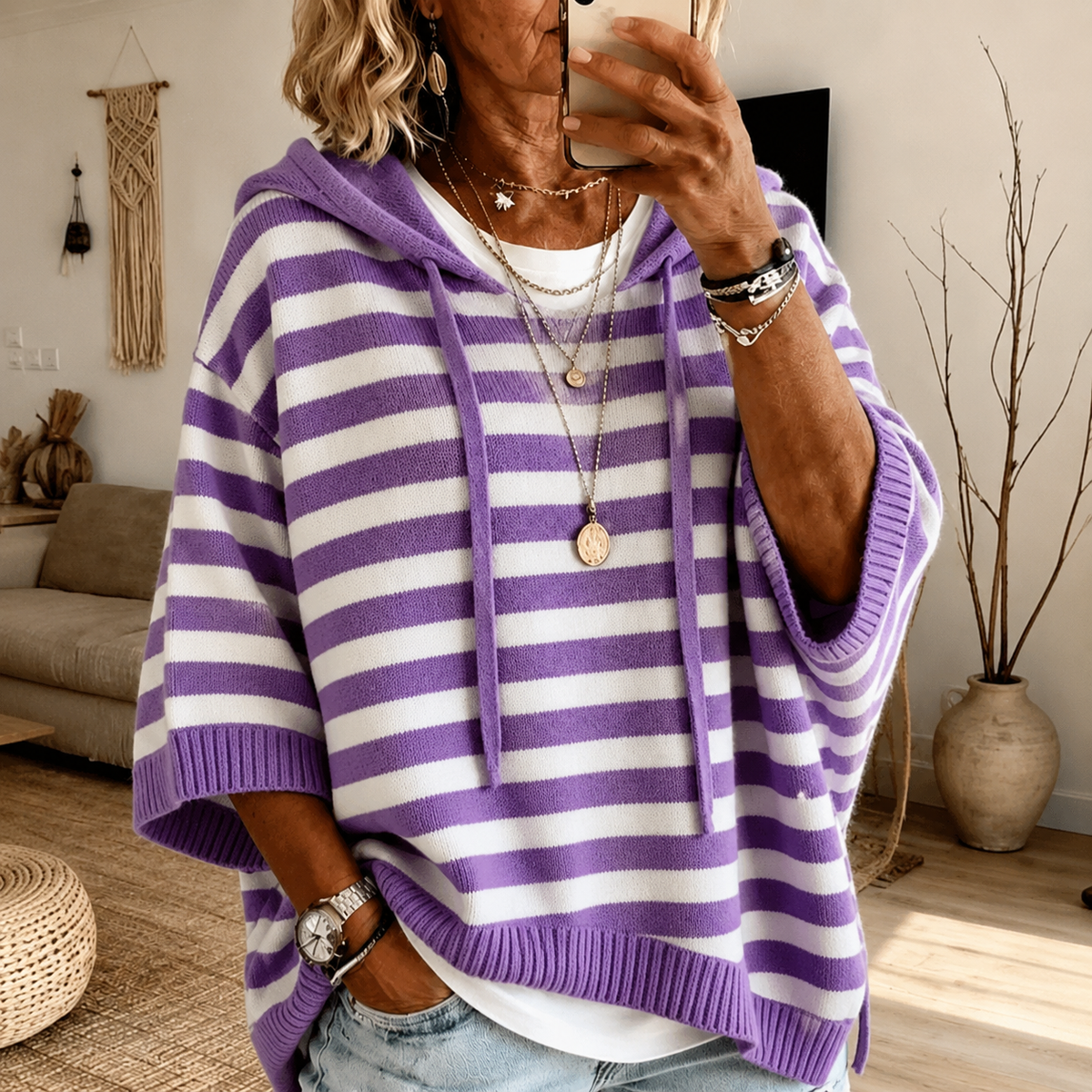 Ailish Purple Stripe Hooded Poncho