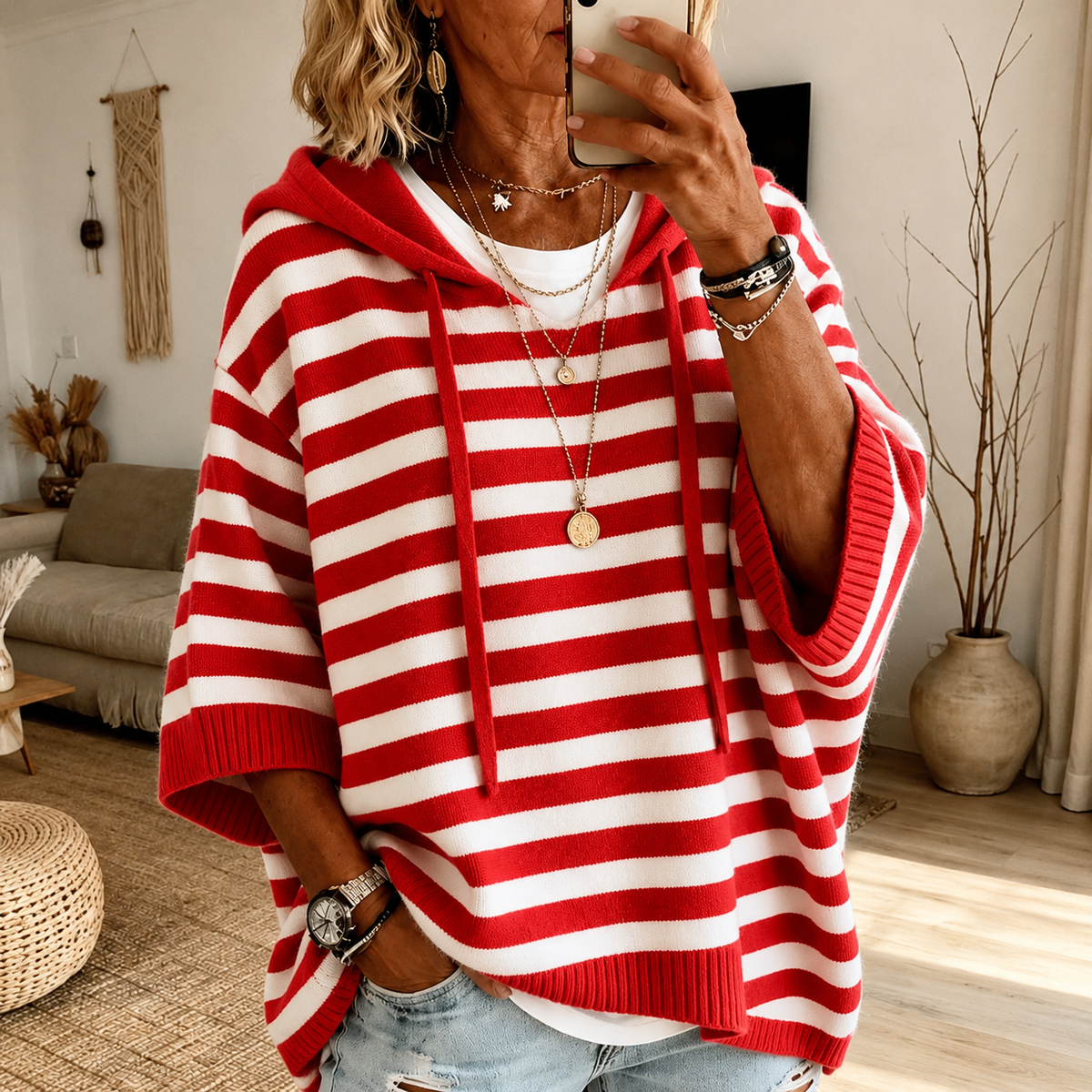 Frances Red Stripe Hooded Poncho