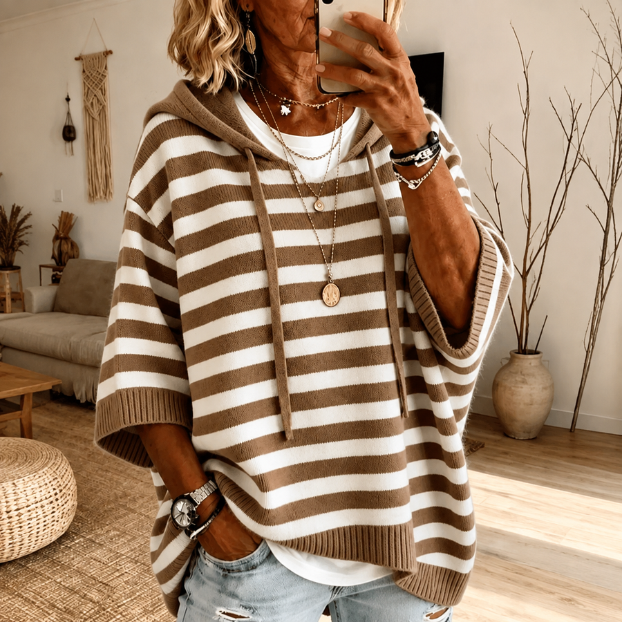 Pamela Taupe Stripe Hooded Poncho