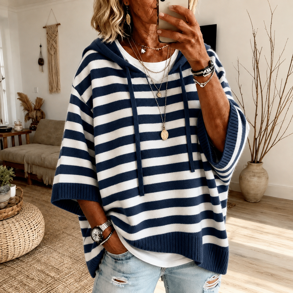 Kelly Navy Stripe Hooded Poncho