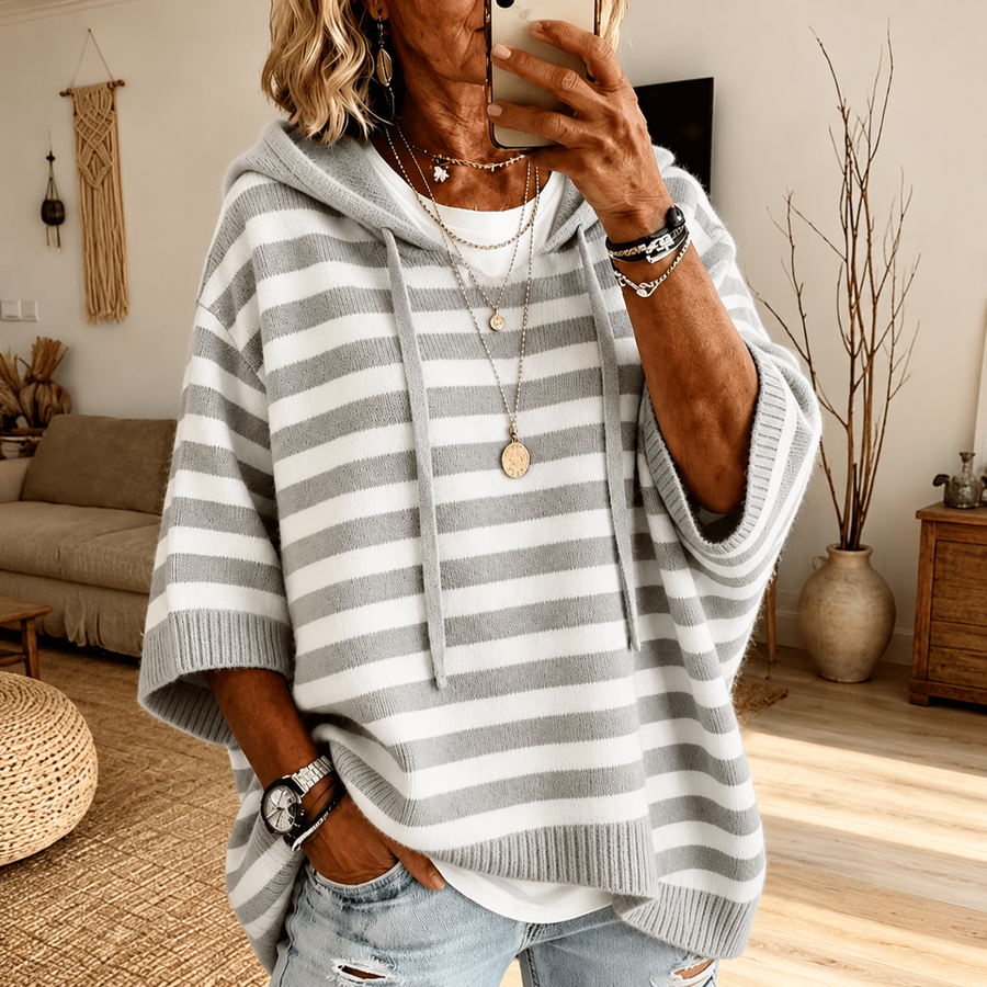 Judith Grey Stripe Hooded Poncho