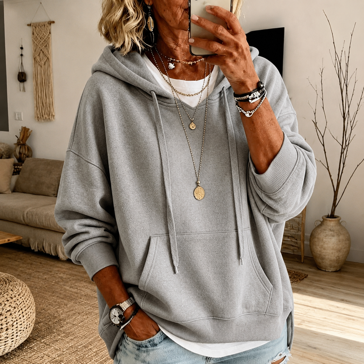 Angela Light Grey Hooded Jumper