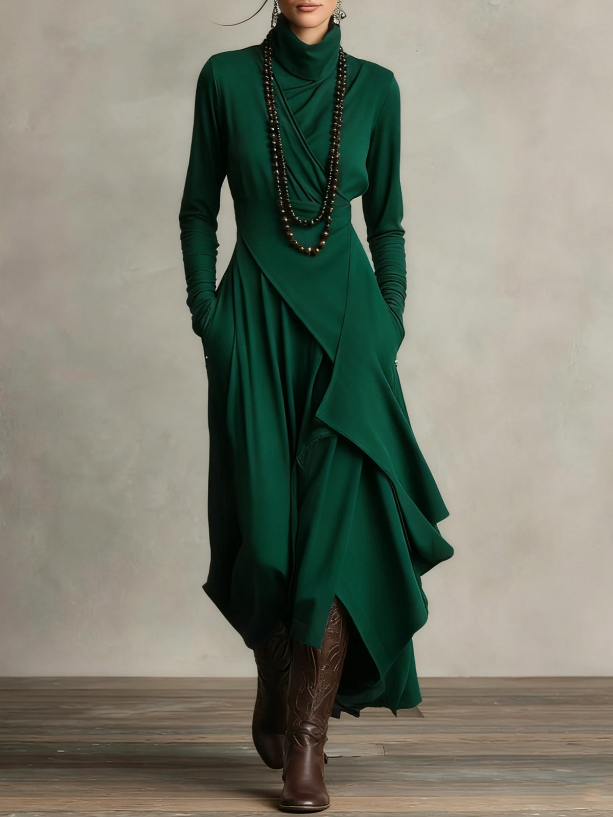 Meredith – Asymmetric Draped Polo Neck Maxi Dress