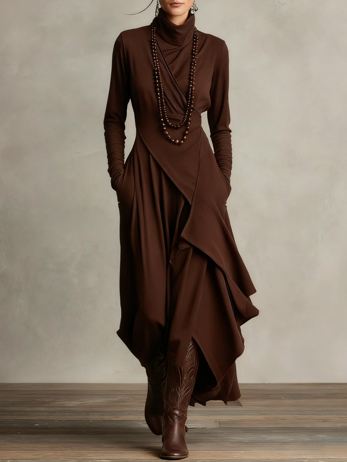 Meredith – Asymmetric Draped Polo Neck Maxi Dress