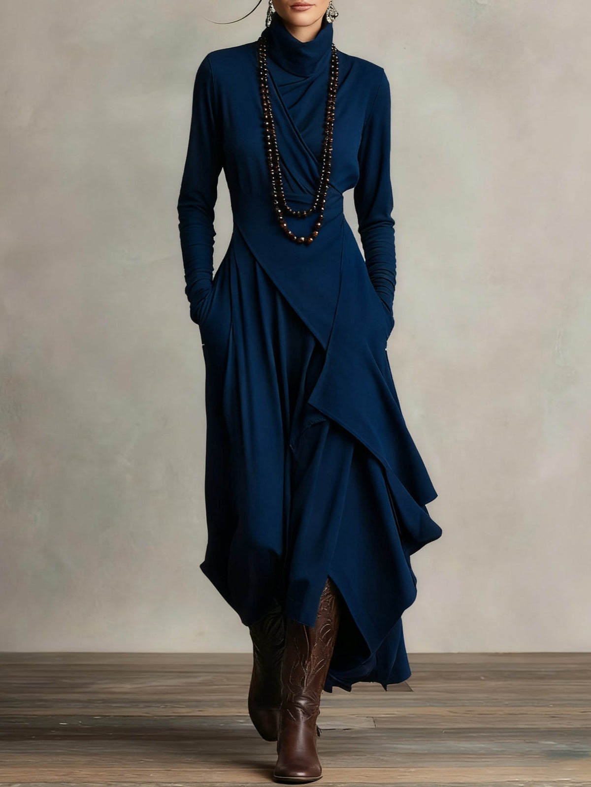 Meredith – Asymmetric Draped Polo Neck Maxi Dress
