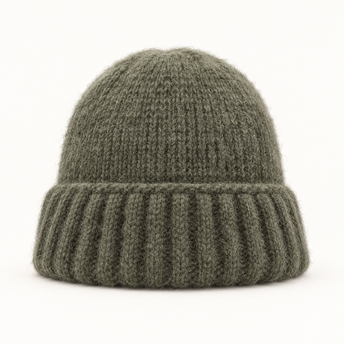 Áine Classic Knit Beanie – Army Green – studio front