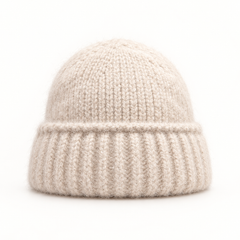 Áine Classic Knit Beanie – Beige – studio front