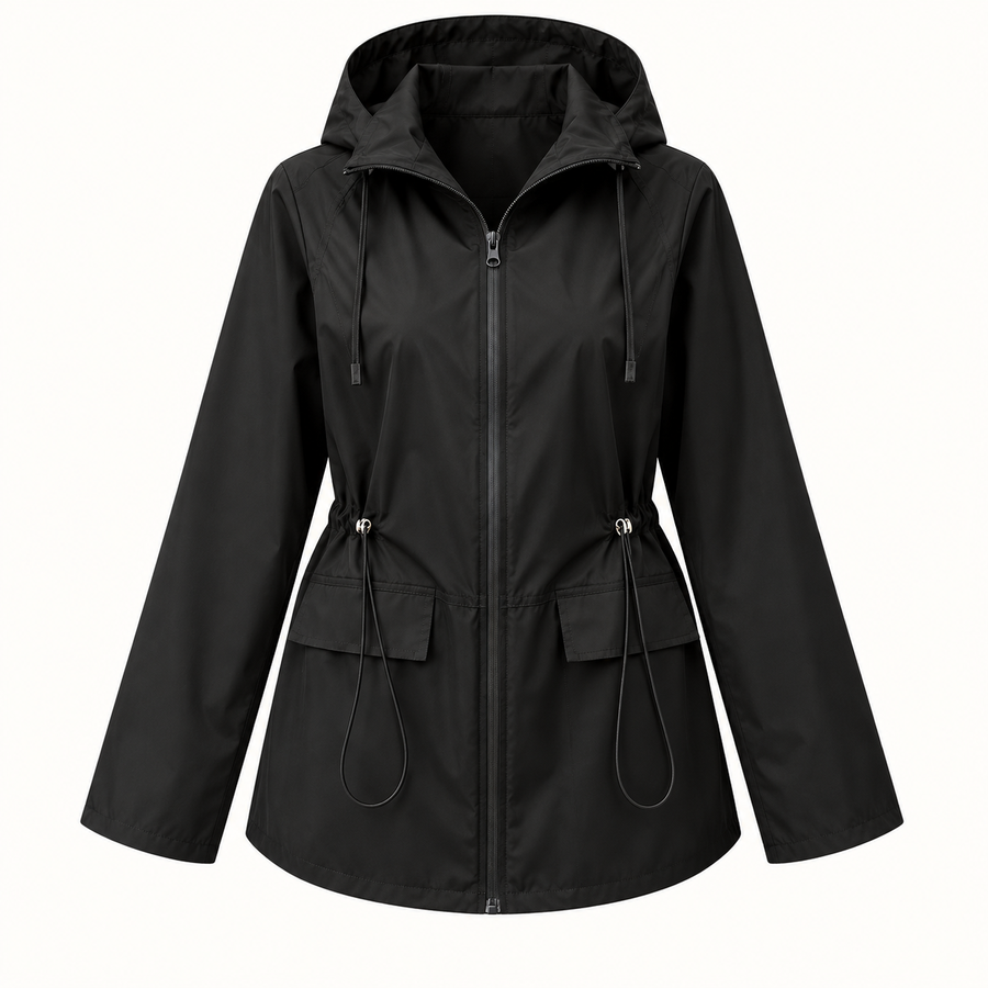 Aisling Hooded Rain Jacket – Black – studio front