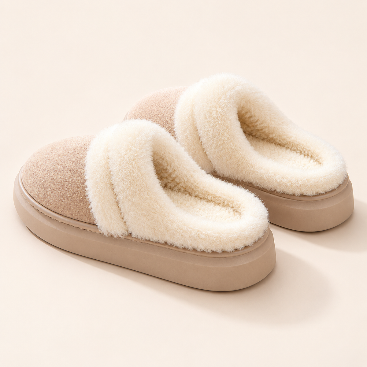 Ciara Plush Platform Slippers – Beige – studio back