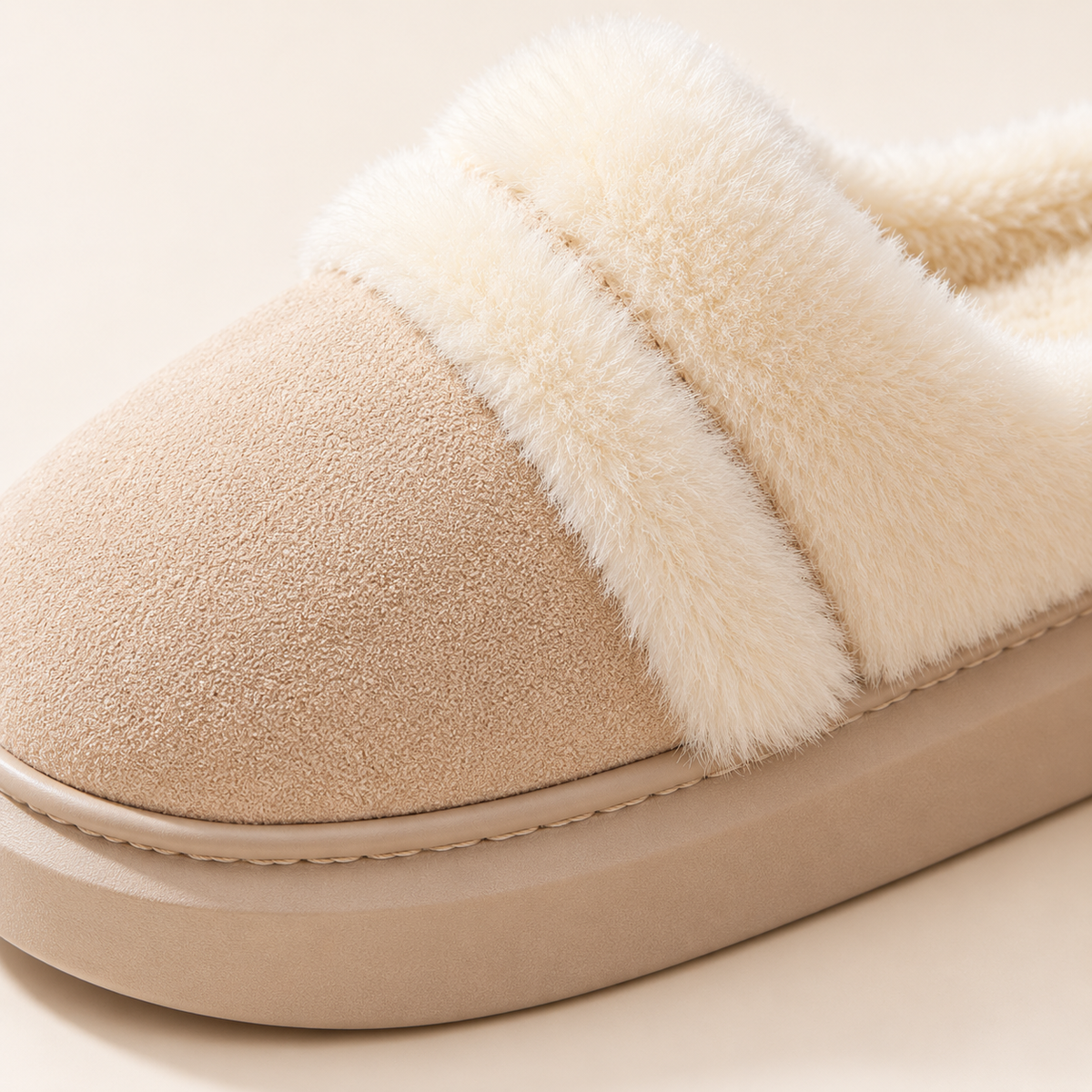 Ciara Plush Platform Slippers – Beige – studio detail