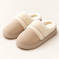 Ciara Plush Platform Slippers – Beige – studio front
