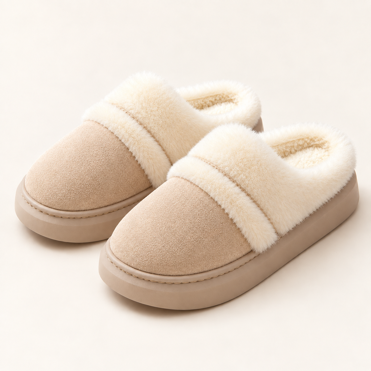 Ciara Plush Platform Slippers – Beige – studio front