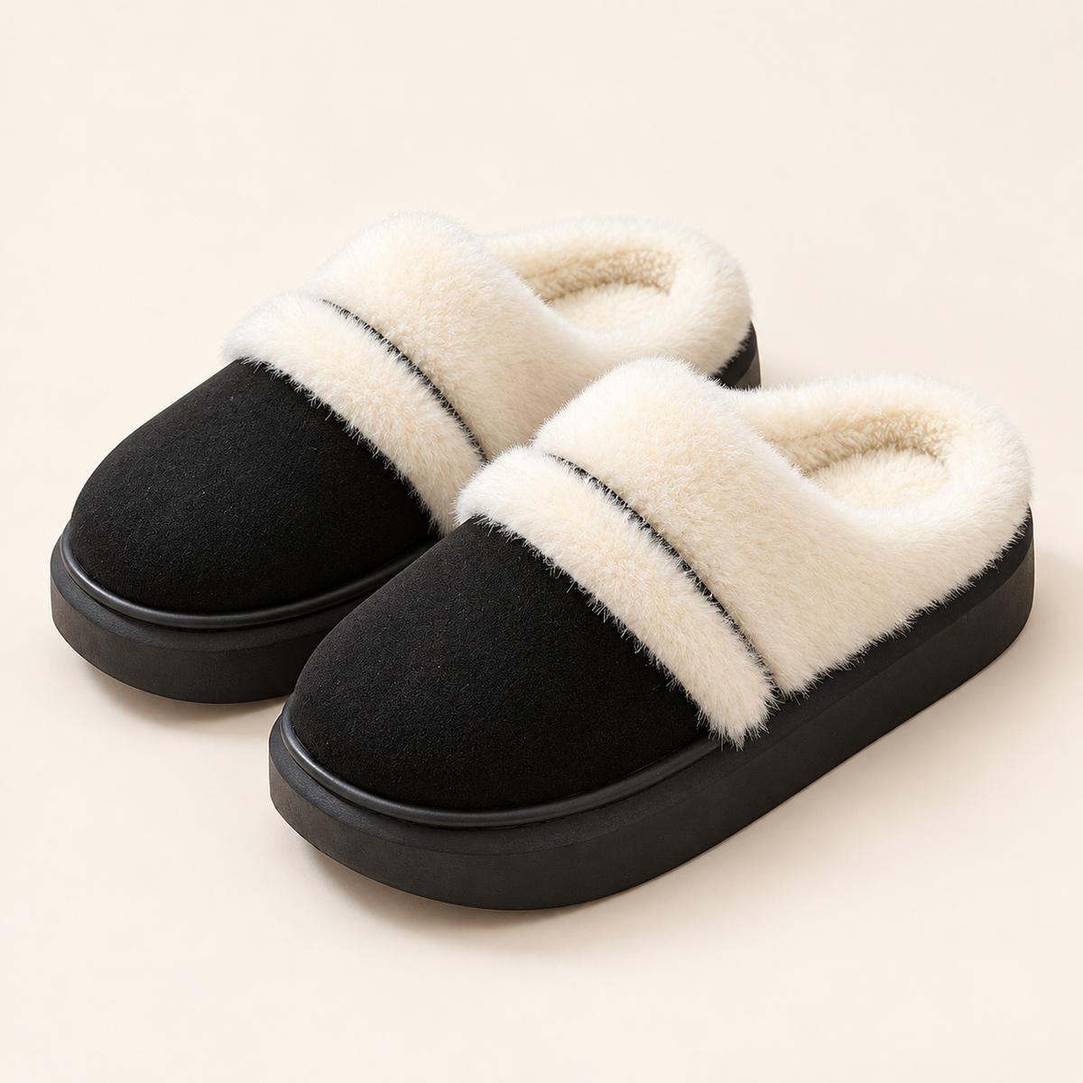 Ciara Plush Platform Slippers – black – studio front