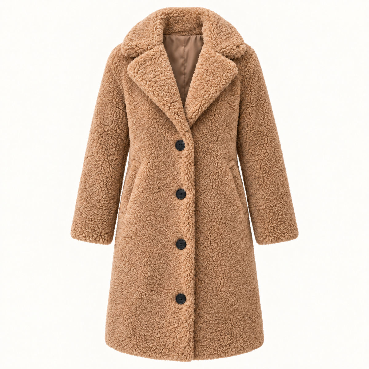 Clodagh Longline Fur-Collar Coat – Khaki – studio front