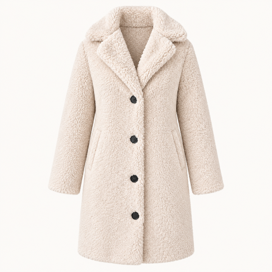 Clodagh Longline Fur-Collar Coat – Apricot – studio front