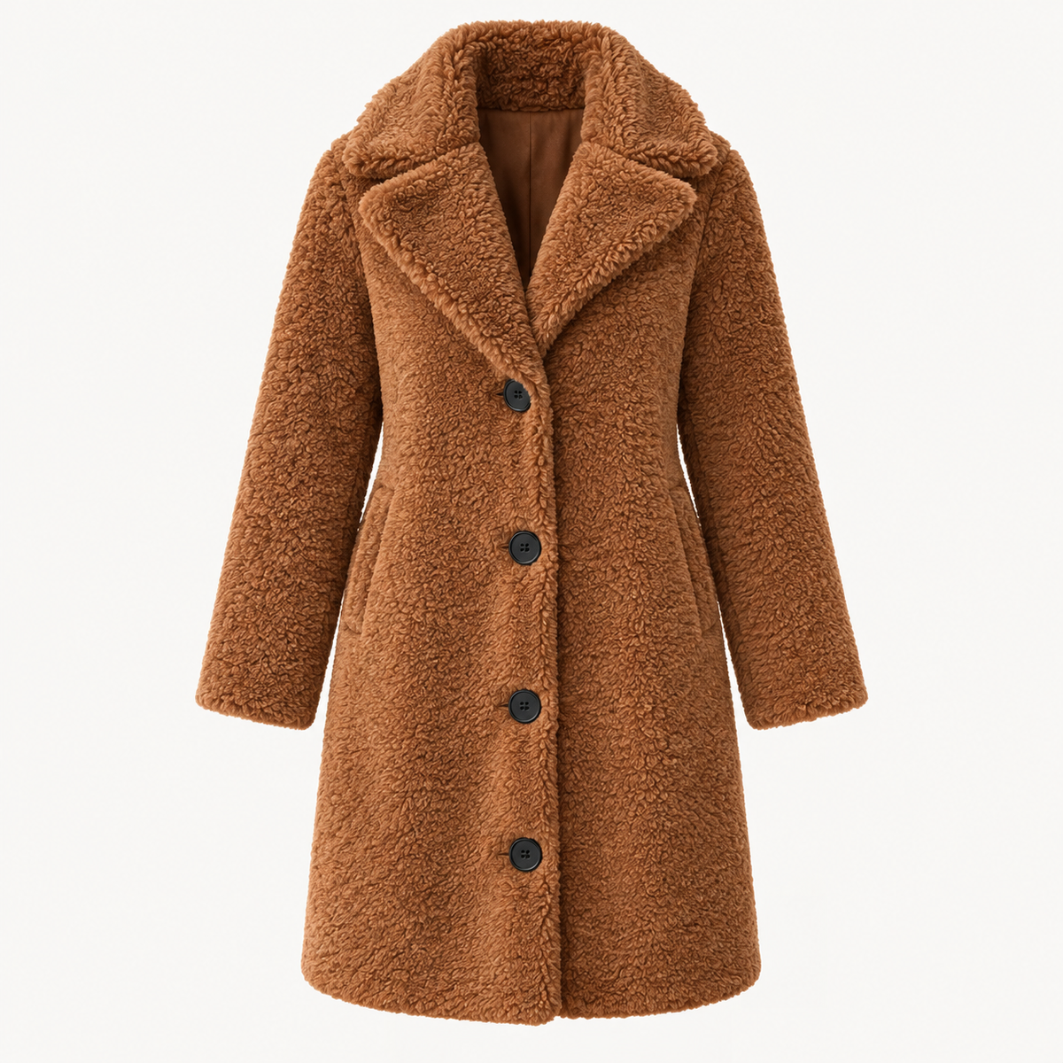 Clodagh Longline Fur-Collar Coat – Brown – studio front