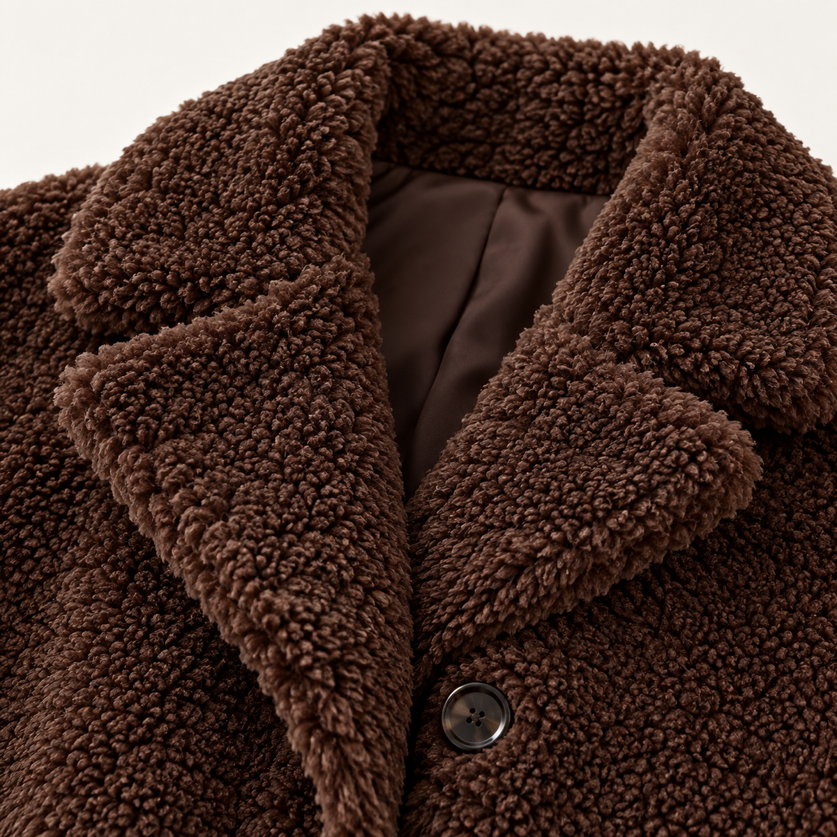 Clodagh Longline Fur-Collar Coat – Dark Brown – studio close-up