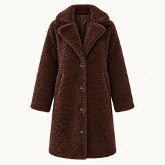 Clodagh Longline Fur-Collar Coat – Dark Brown – studio front