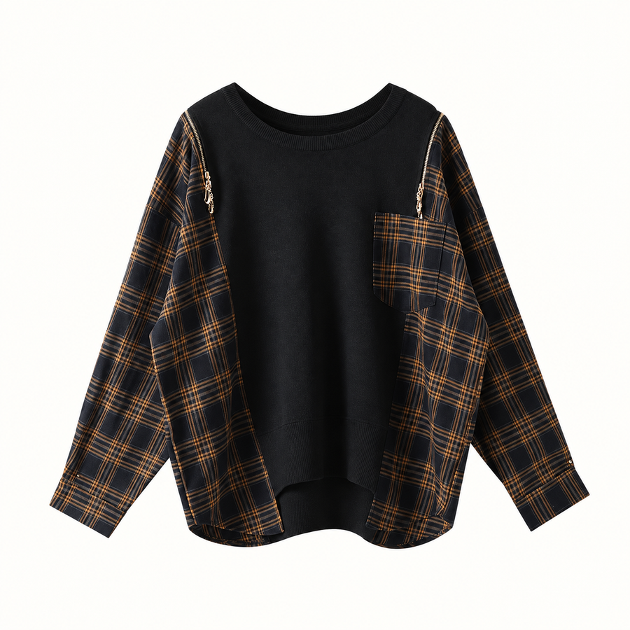 Eilís Check-Detail Knit Jumper – Black – studio front