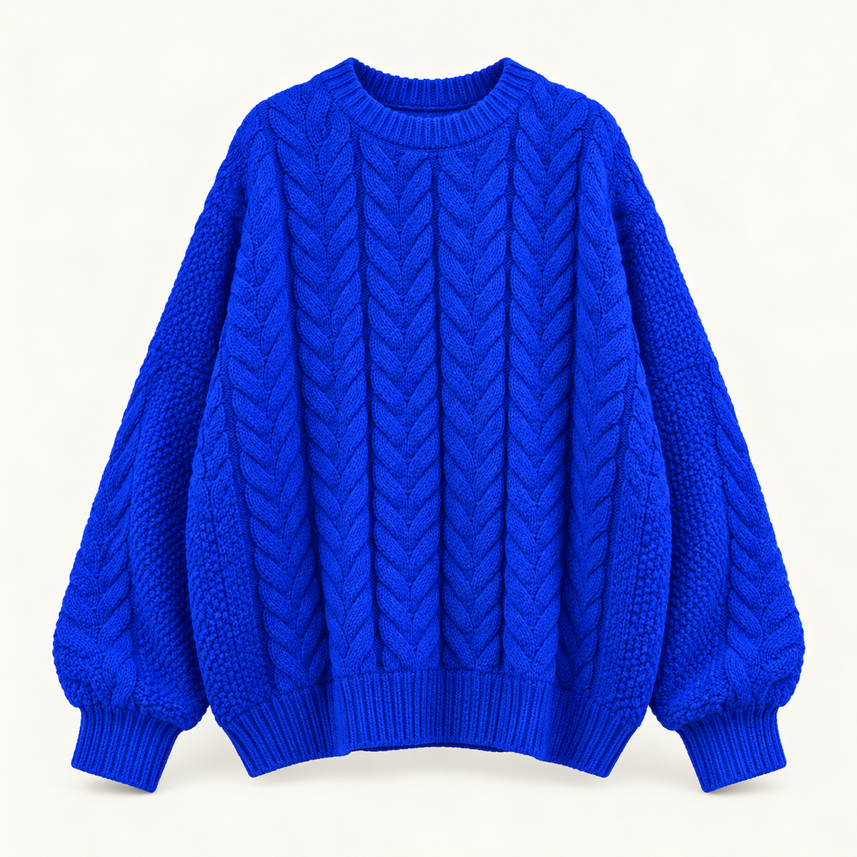 Fiona Relaxed Heritage Knit – Cretin Blue – studio front
