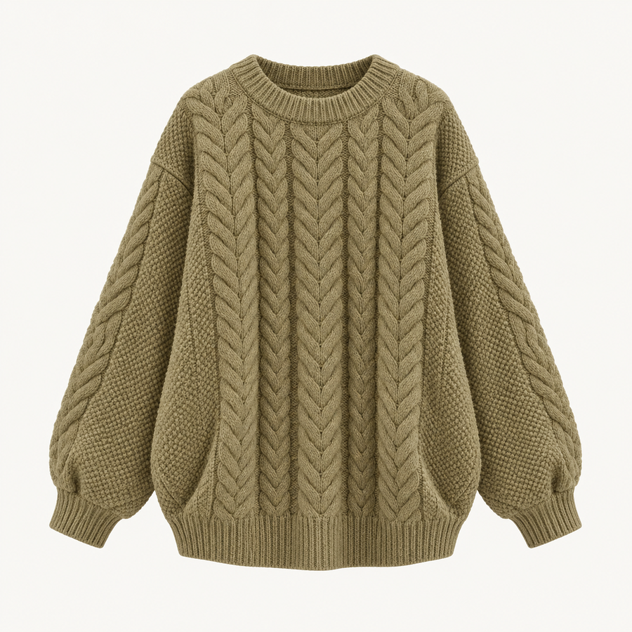Fiona Relaxed Heritage Knit – Khaki – studio front