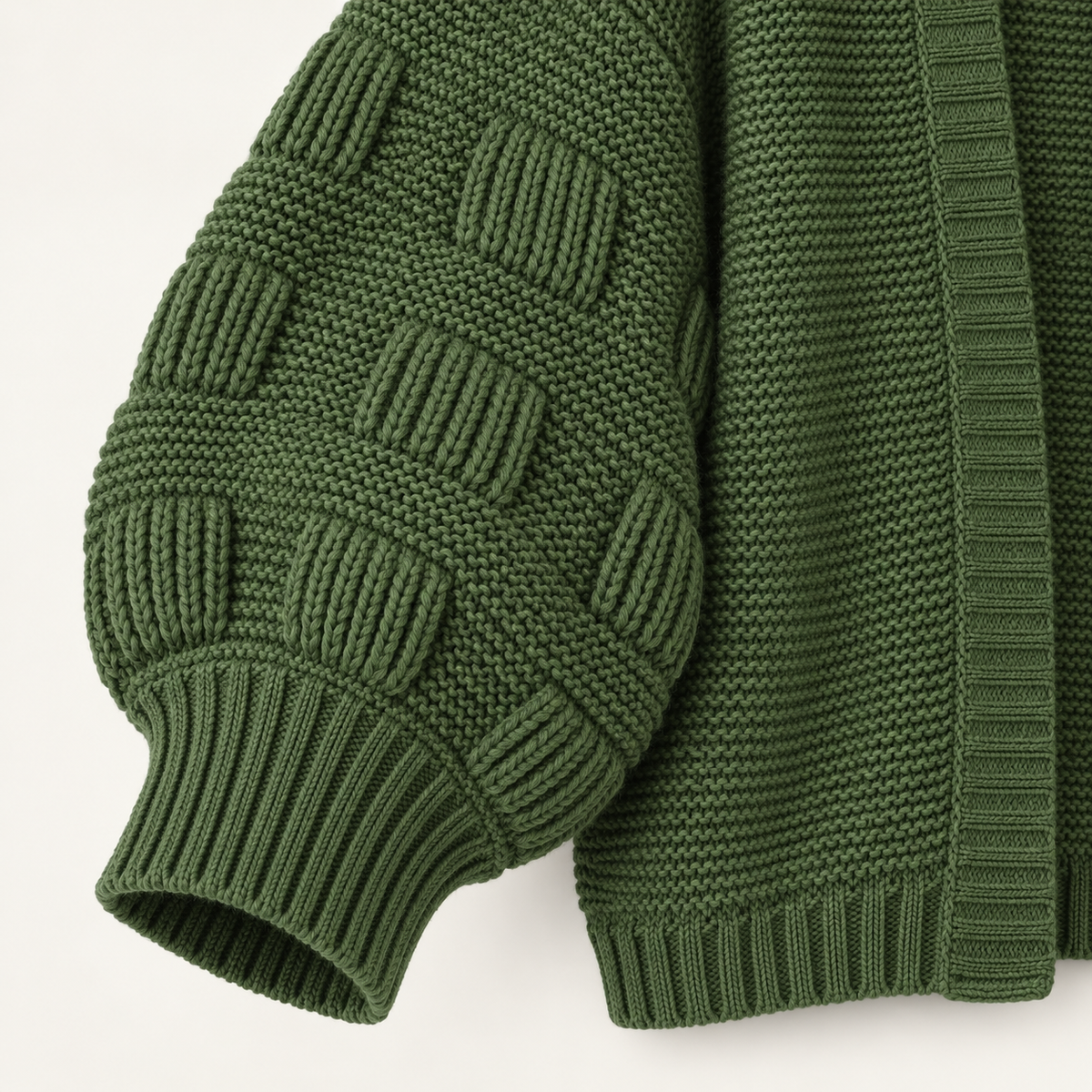 Imelda Chunky Puff-Sleeve Cardigan – Army Green – studio detail