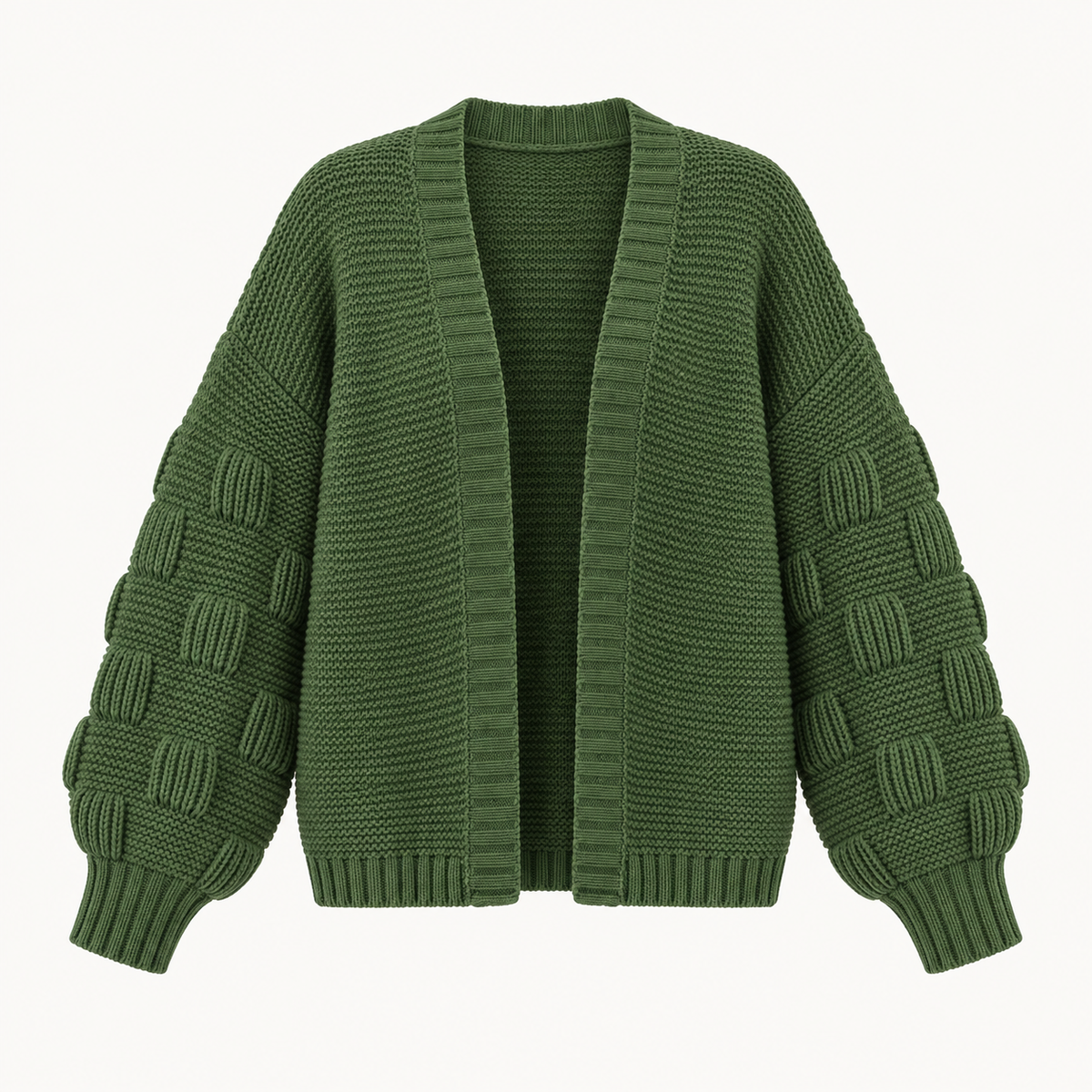 Imelda Chunky Puff-Sleeve Cardigan – Army Green – studio front