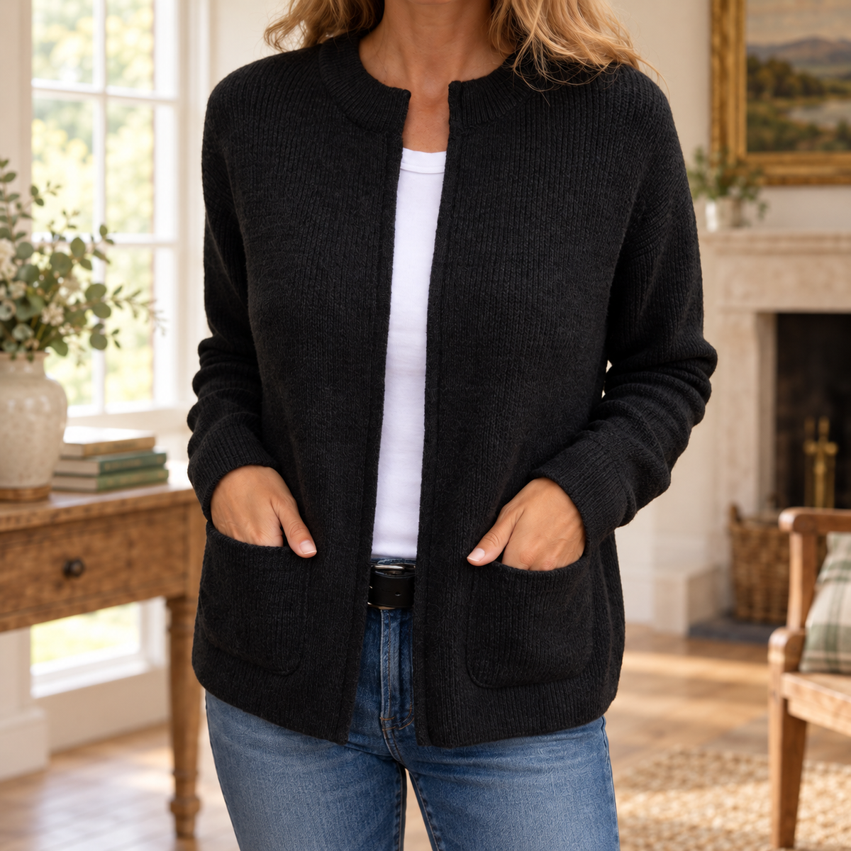 Kerry Zip-Up Knit Cardigan in Black, shown in a warm Irish country-house setting