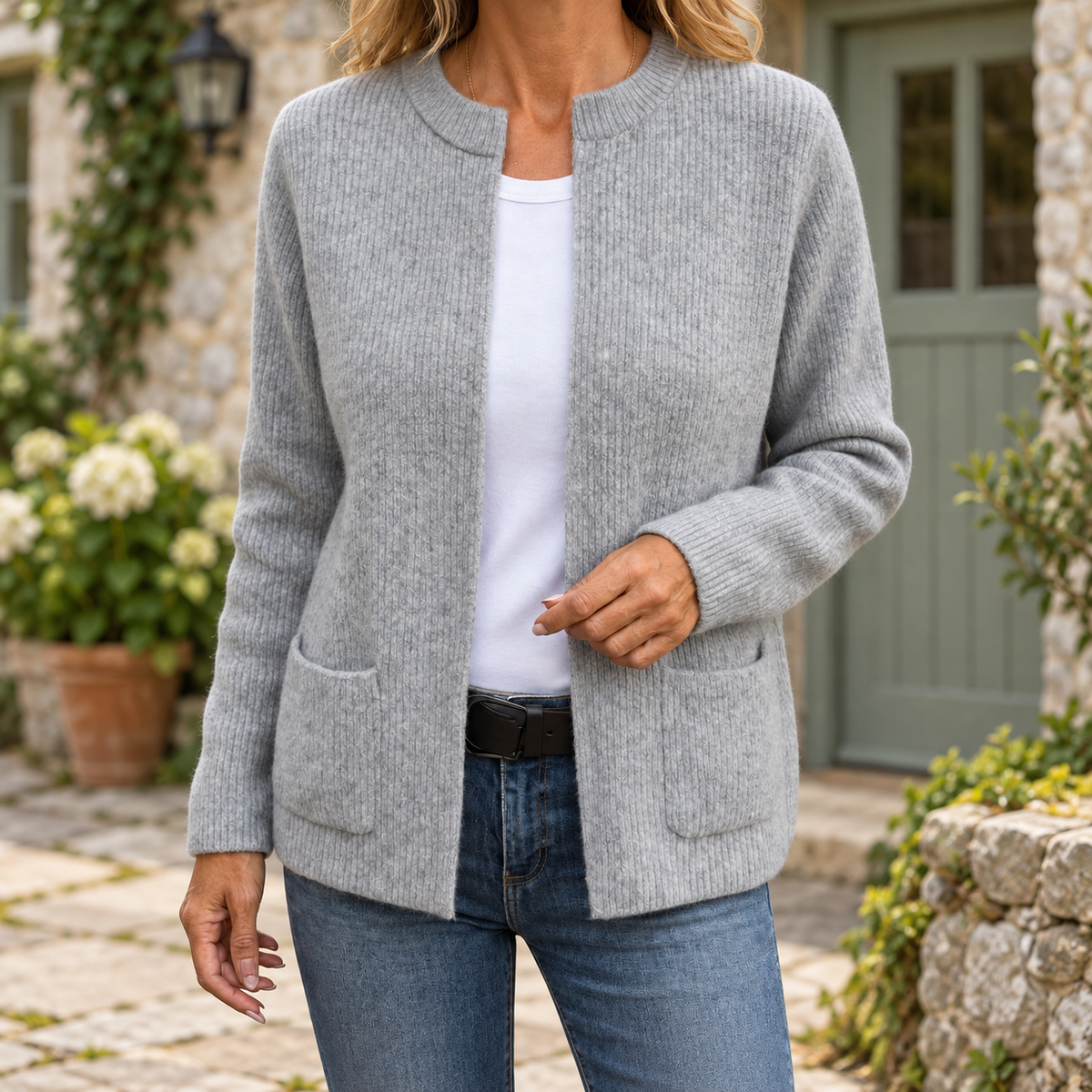 Kerry Zip-Up Knit Cardigan in Grey, shown in an Irish limestone cottage courtyard