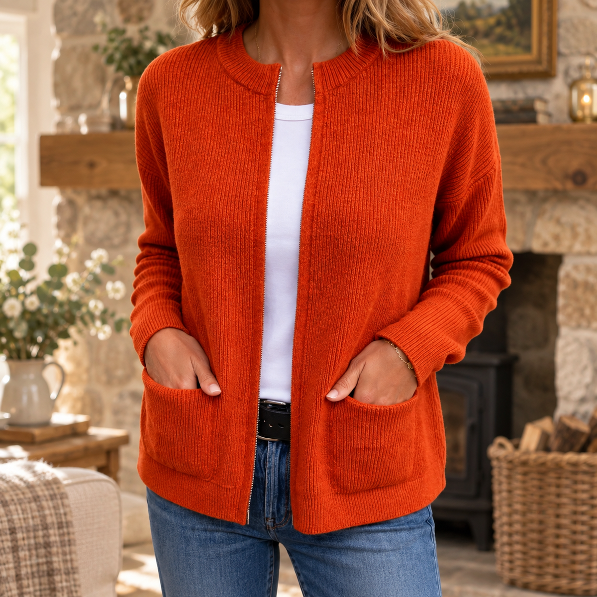 Kerry Zip-Up Knit Cardigan in Orange, shown in a warm Irish cottage interior