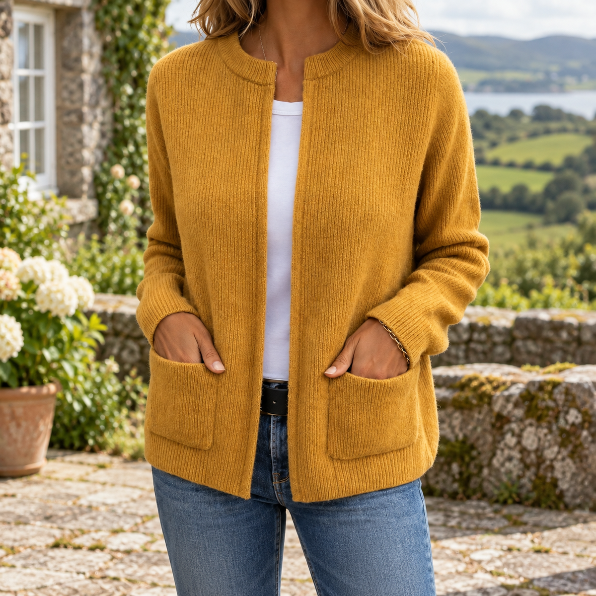 Kerry Zip-Up Knit Cardigan in Yellow, shown in an Irish stone terrace setting