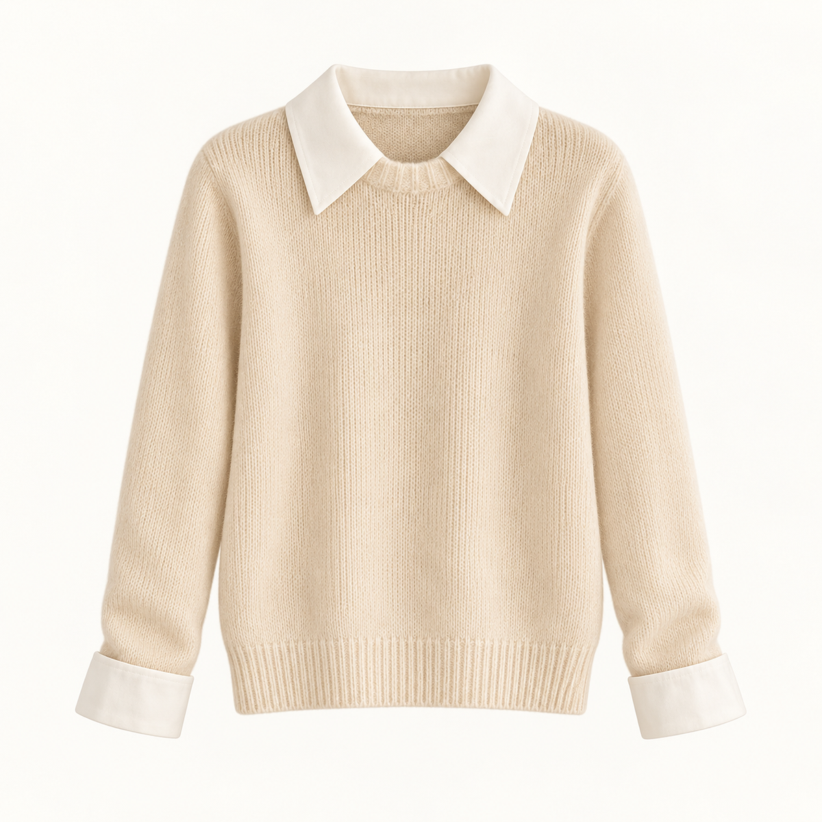 Moira Contrast-Collar Knit – Beige – studio front