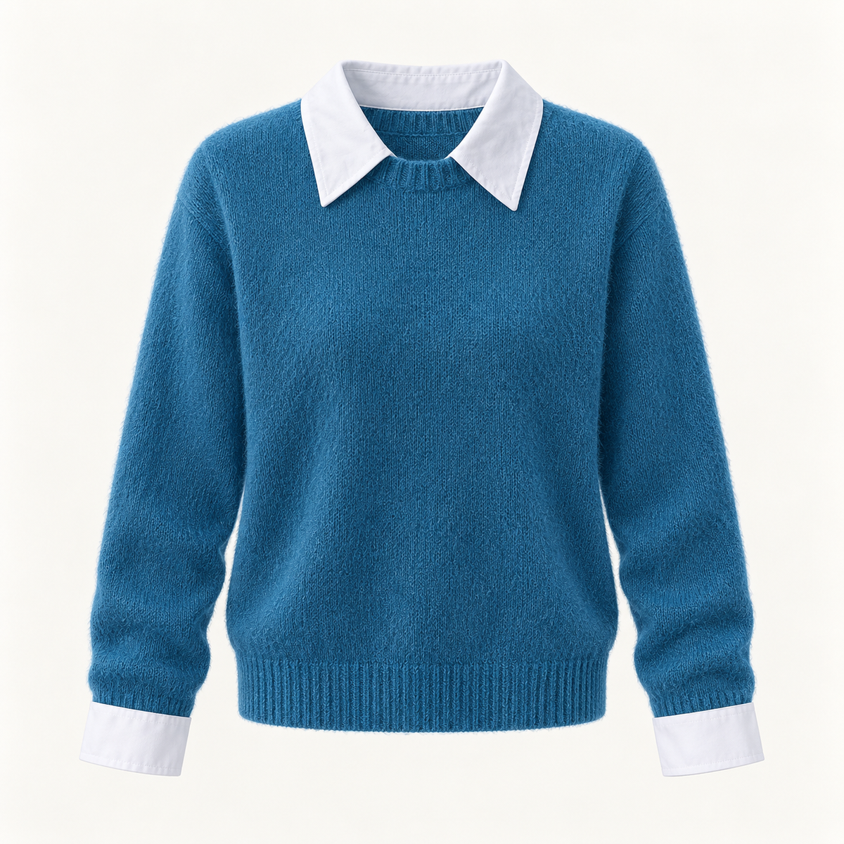 Moira Contrast-Collar Knit – Blue – studio front