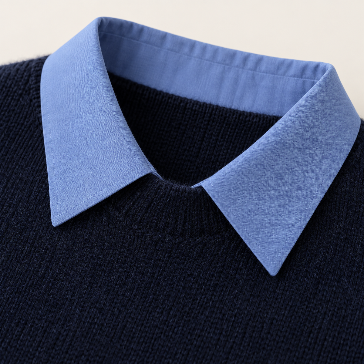 Moira Contrast-Collar Knit – Navy Blue – studio close-up