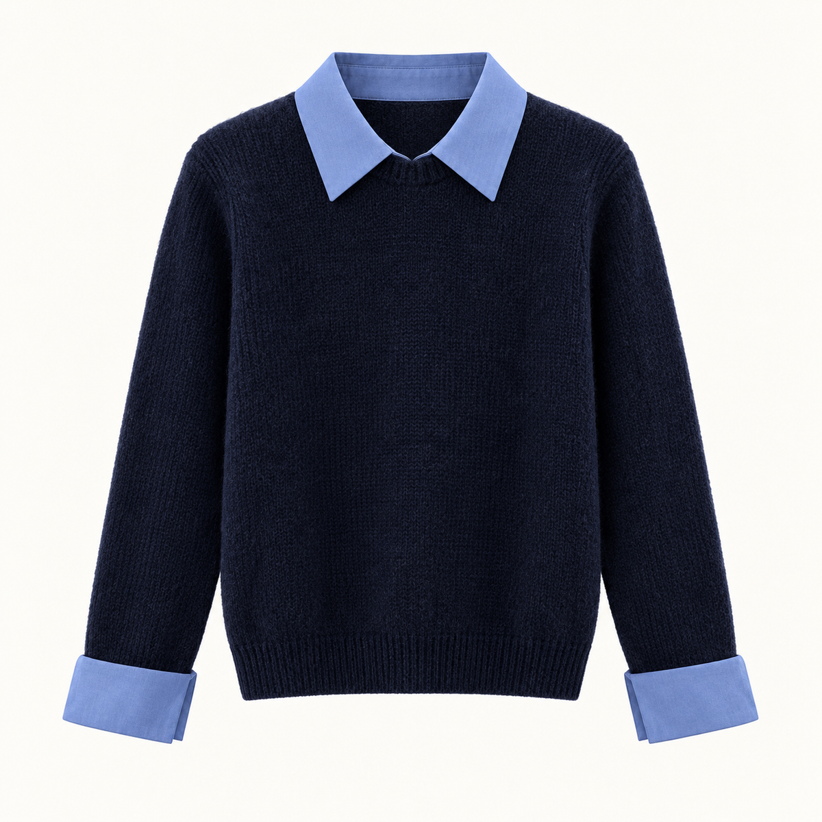 Moira Contrast-Collar Knit – Navy Blue – studio front