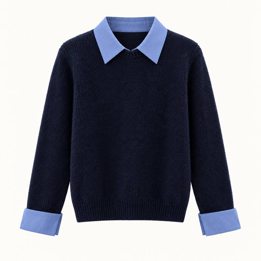 Moira Contrast-Collar Knit – Navy Blue – studio front