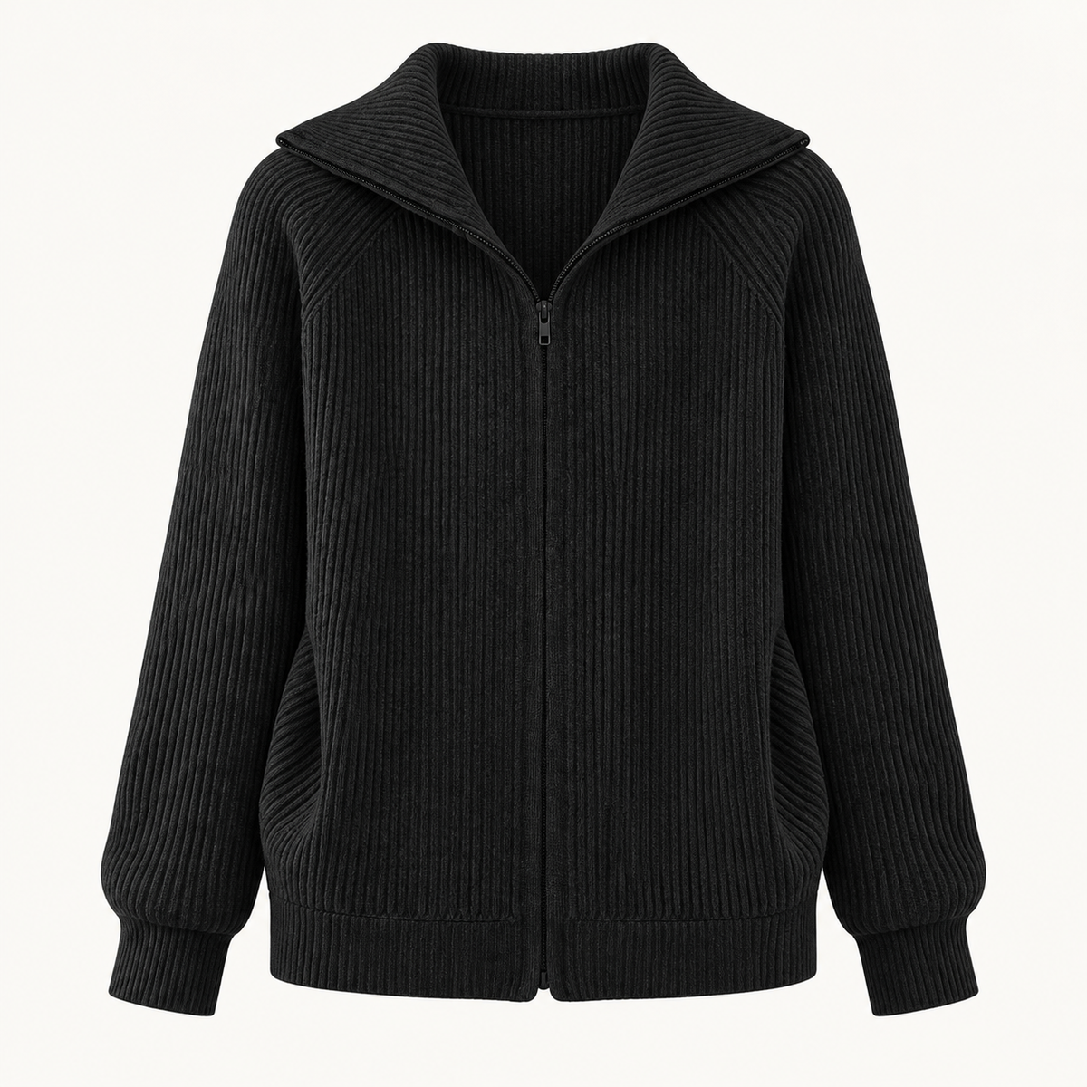 Niamh Striped Zip Cardigan – Black – studio front