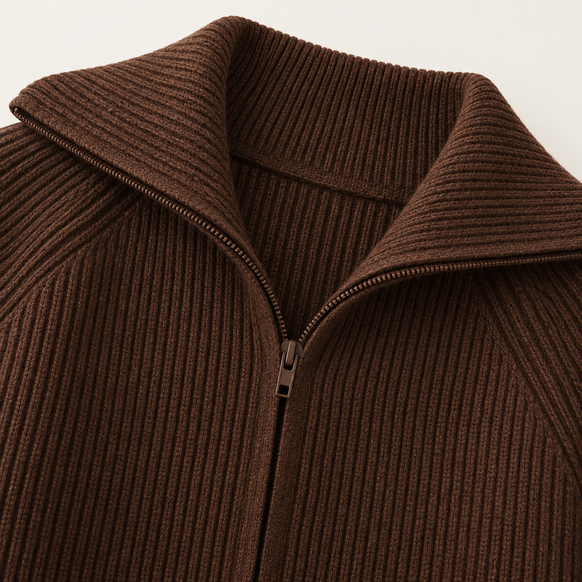 Niamh Striped Zip Cardigan – Coffee – studio close-up