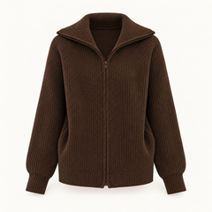 Niamh Striped Zip Cardigan – Coffee – studio front