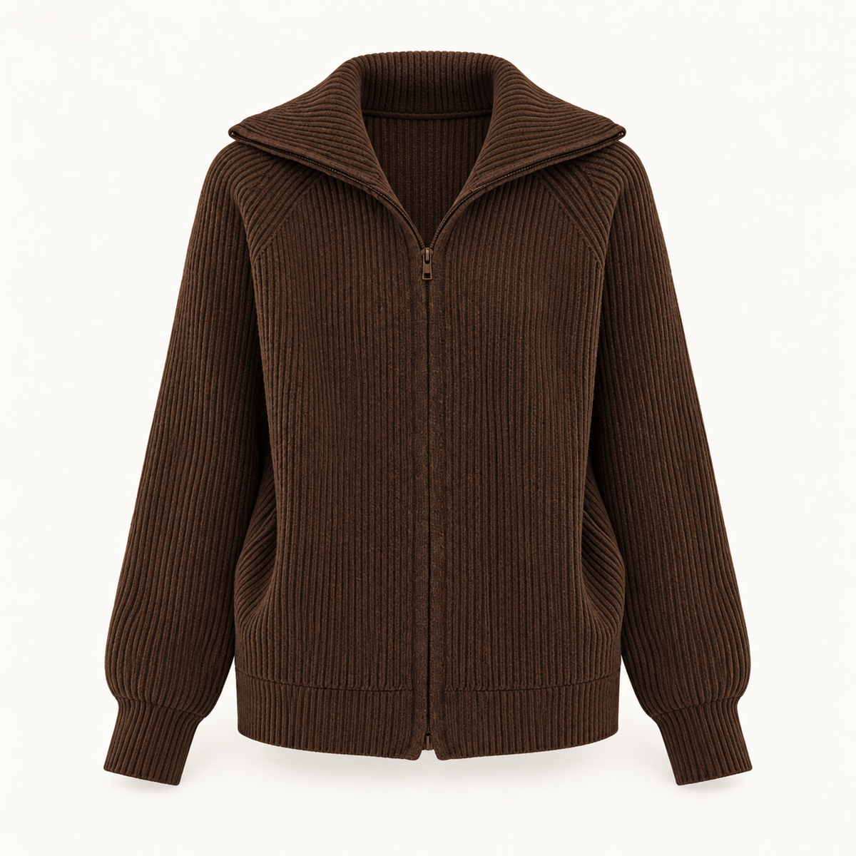 Niamh Striped Zip Cardigan – Coffee – studio front