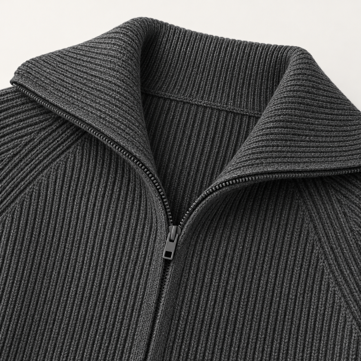Niamh Striped Zip Cardigan – Dark Grey – studio close-up