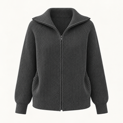 Niamh Striped Zip Cardigan – Dark Grey – studio front