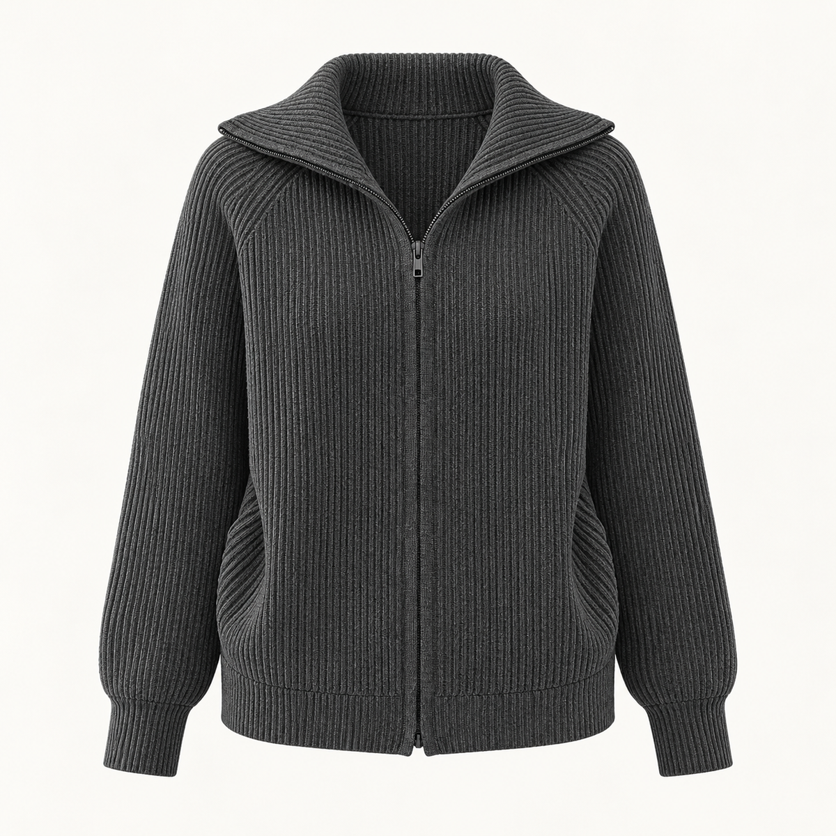 Niamh Striped Zip Cardigan – Dark Grey – studio front