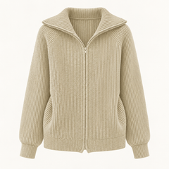 Niamh Striped Zip Cardigan – Khaki – studio front
