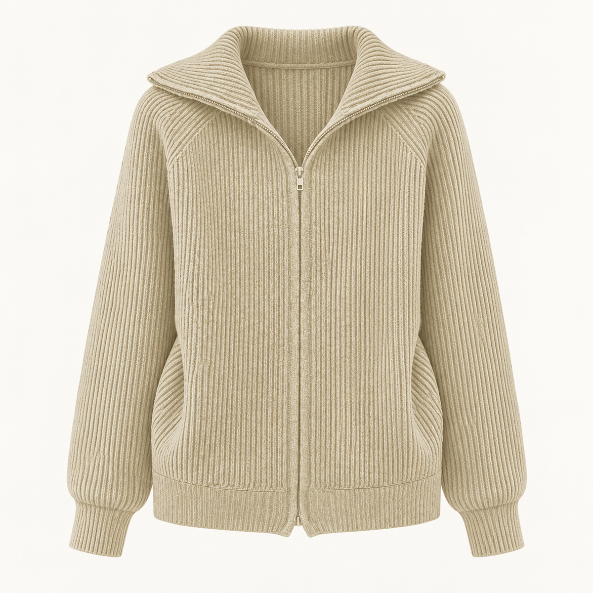 Niamh Striped Zip Cardigan – Khaki – studio front